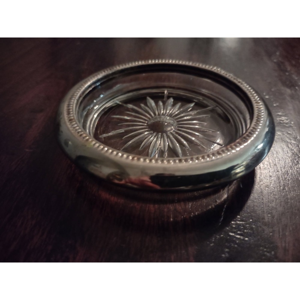 Vintage Silver Plated Glass Coaster Dish Starburst Design 4" Round - Small Dent